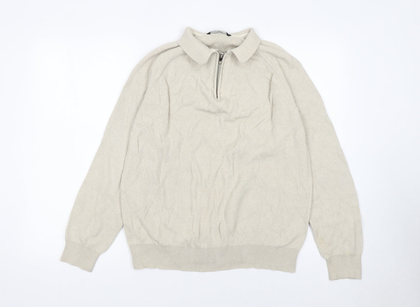 George Men's Beige XL Cotton 1/4 Zip Long Sleeve Polo