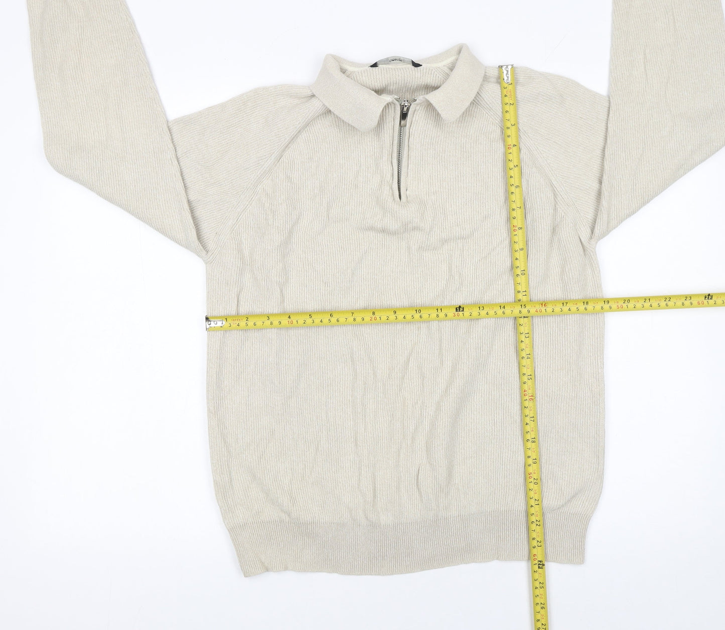 George Men's Beige XL Cotton 1/4 Zip Long Sleeve Polo