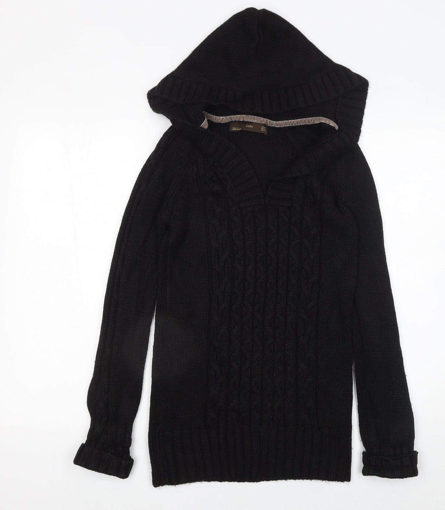 Zara Women's Black Hooded Cable-Knit V-Neck Pullover Jumper Size 12