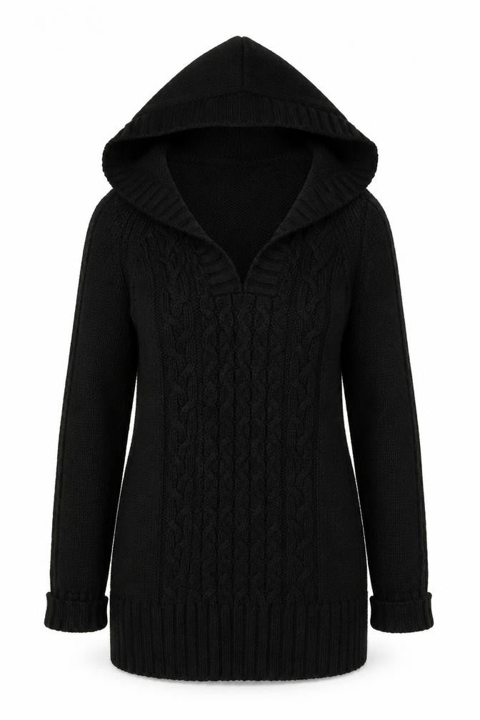 Zara Women's Black Hooded Cable-Knit V-Neck Pullover Jumper Size 12