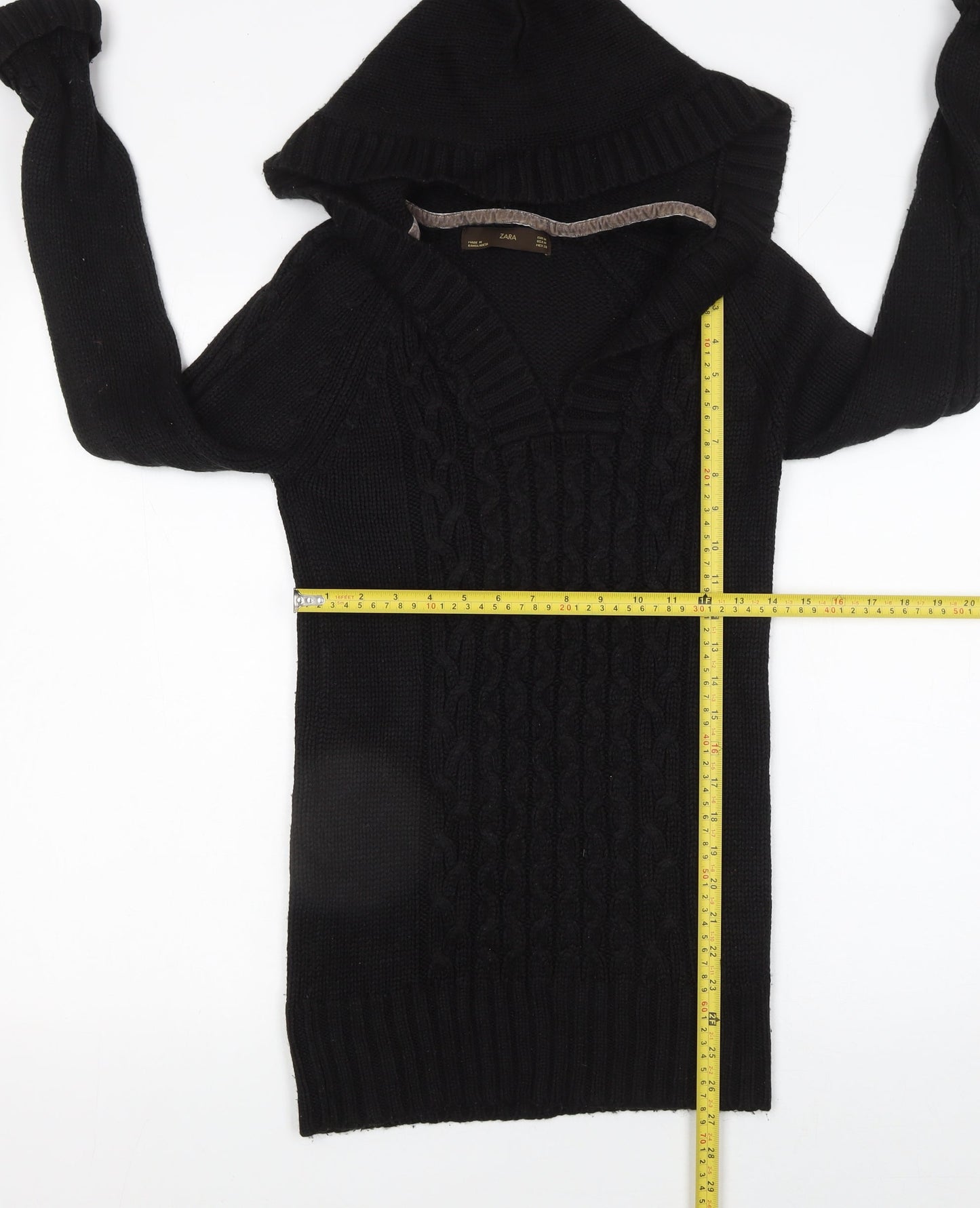 Zara Women's Black Hooded Cable-Knit V-Neck Pullover Jumper Size 12