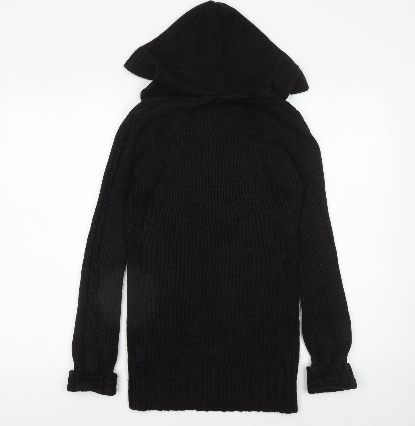 Zara Women's Black Hooded Cable-Knit V-Neck Pullover Jumper Size 12