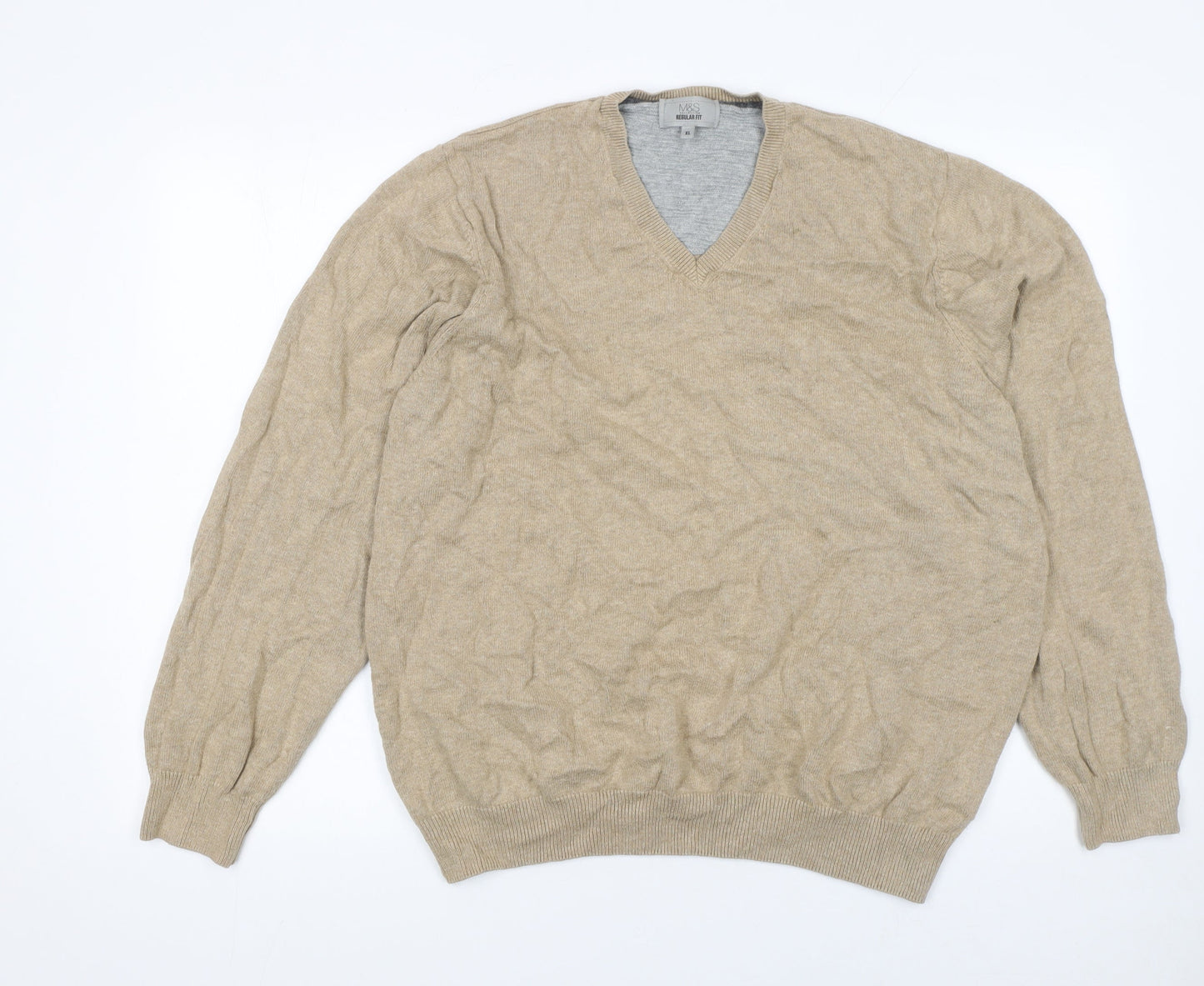 Marks and Spencer Men's Beige Cotton V-Neck Jumper XL Regular Fit