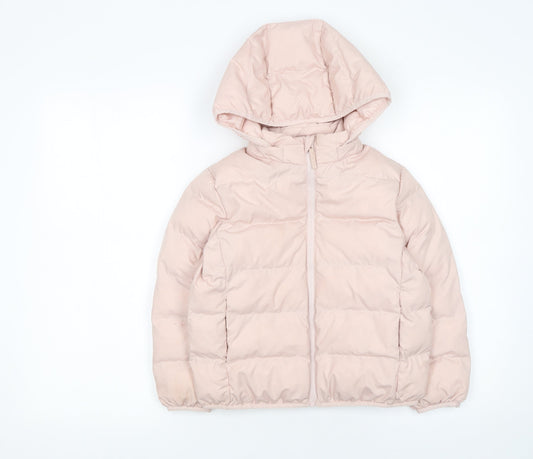 Uniqlo Girls Pink Hooded Puffer Jacket 5-6 Years Winter Coat Polyester