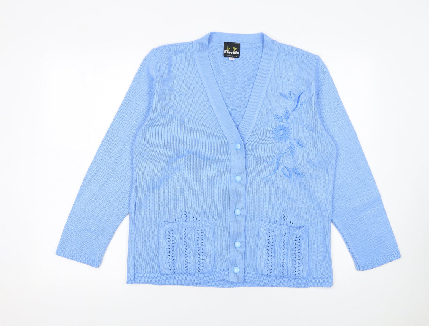 Florida Collection Women’s Blue Acrylic V-Neck Embroidered Cardigan S/M