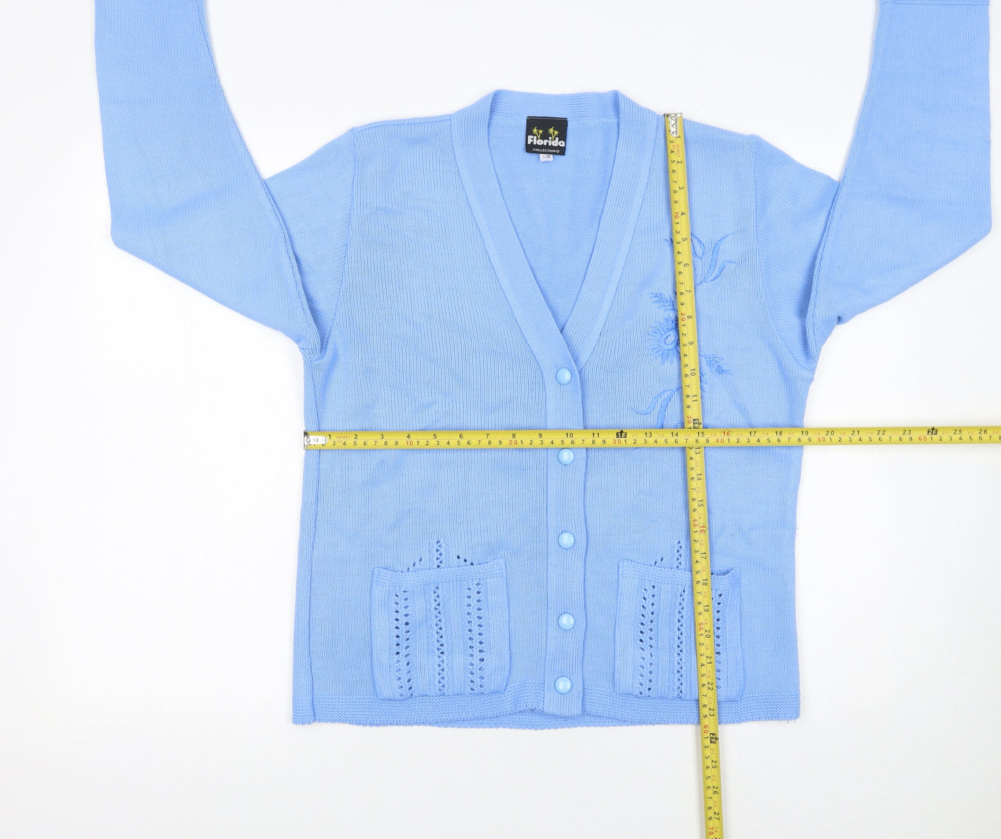 Florida Collection Women’s Blue Acrylic V-Neck Embroidered Cardigan S/M