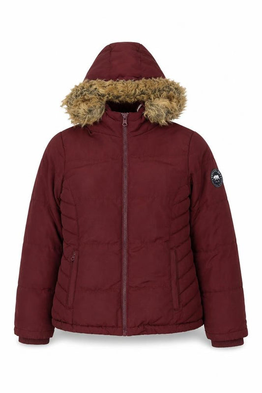 SoulCal & Co Womens Red Hooded Fur Trim Puffer Jacket Size 10