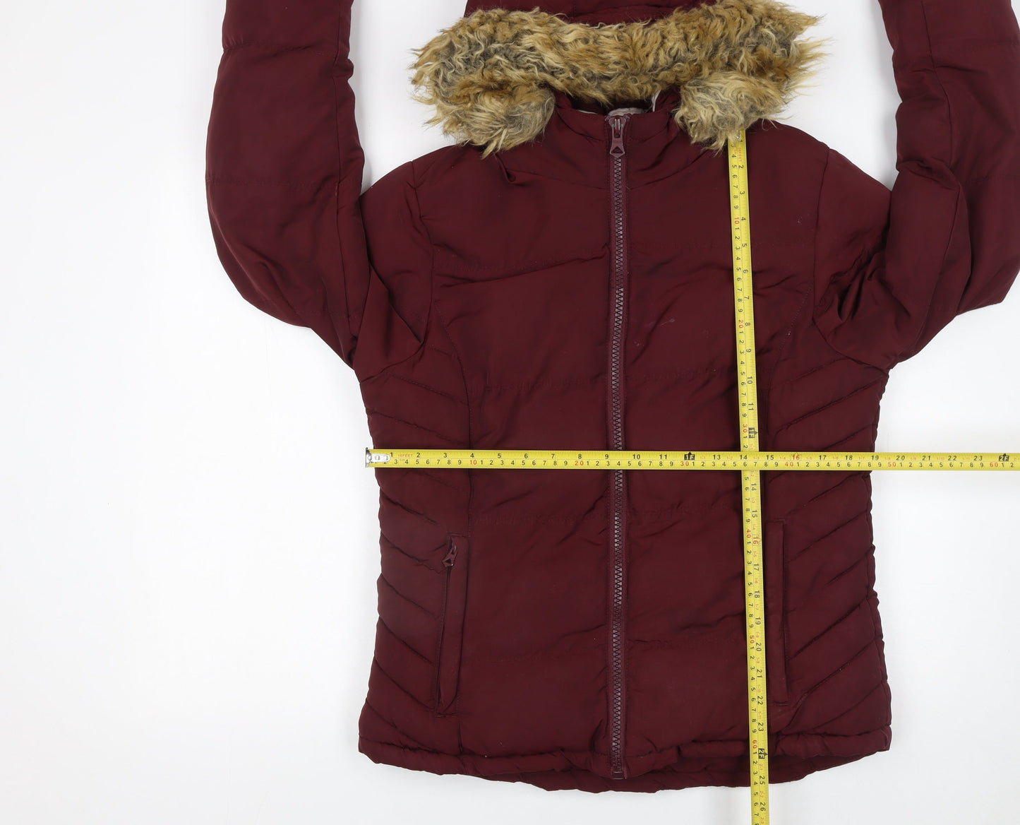 SoulCal & Co Womens Red Hooded Fur Trim Puffer Jacket Size 10