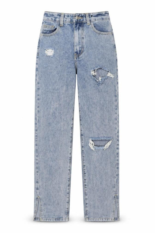 PrettyLittleThing Petite Light Blue Distressed Straight Jeans UK 4