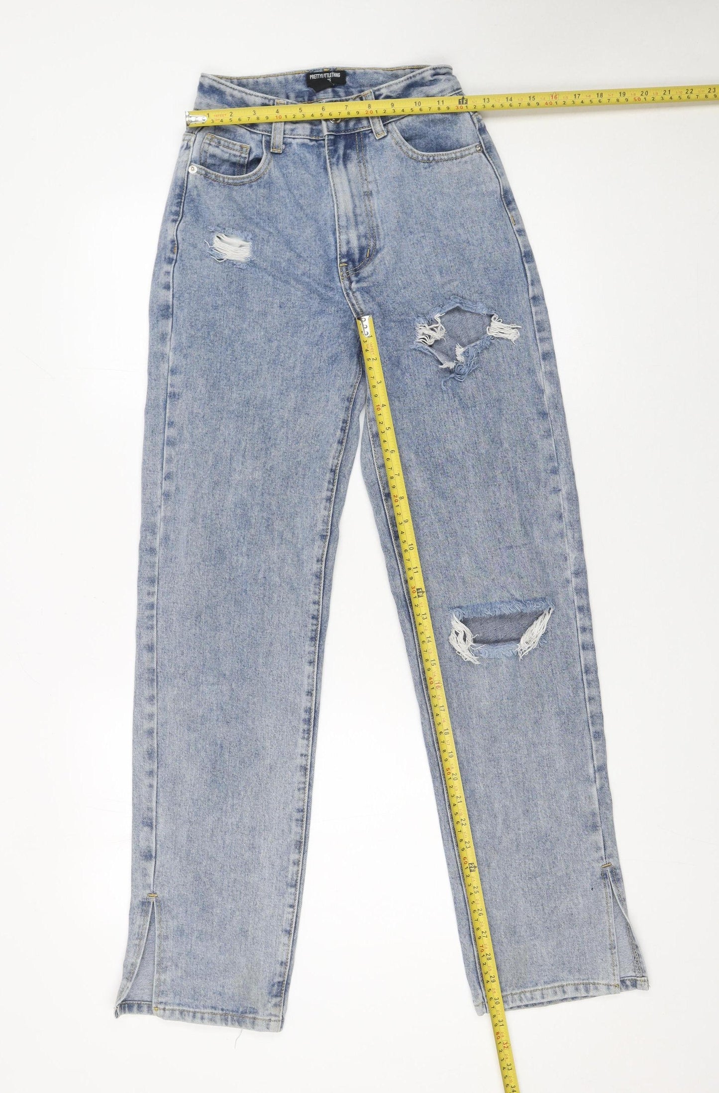 PrettyLittleThing Petite Light Blue Distressed Straight Jeans UK 4