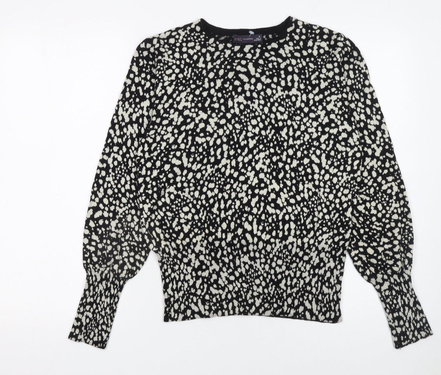 Marks and Spencer Women's Black Animal Print Crew Neck Jumper Size 12