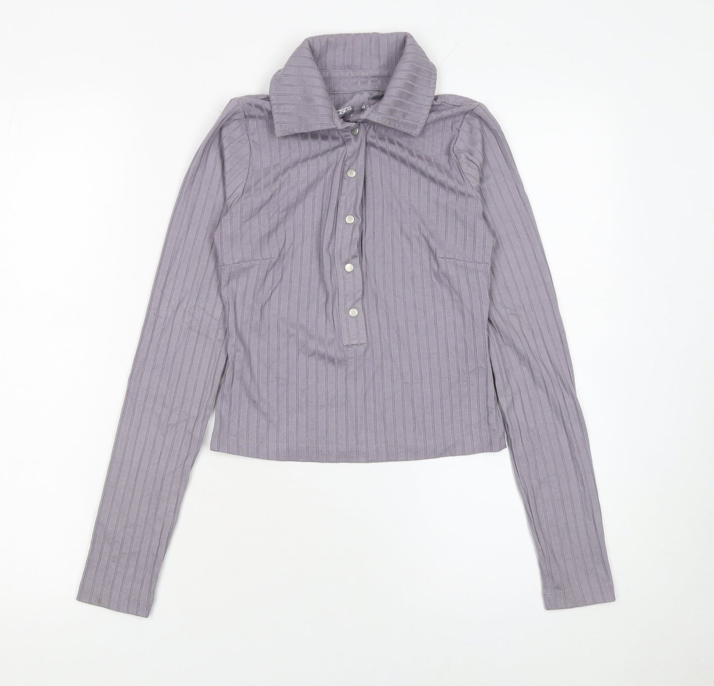 ASOS Women Purple Ribbed Collared Cropped Long Sleeve Button-Up Top Size 6