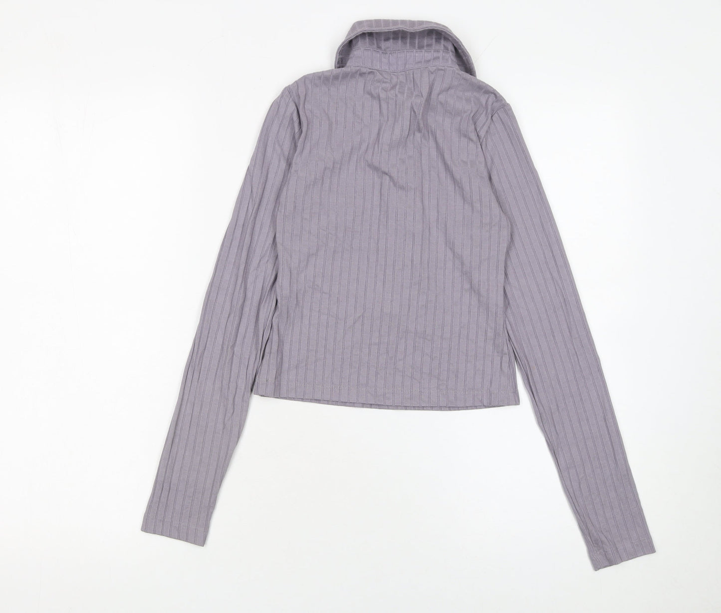 ASOS Women Purple Ribbed Collared Cropped Long Sleeve Button-Up Top Size 6