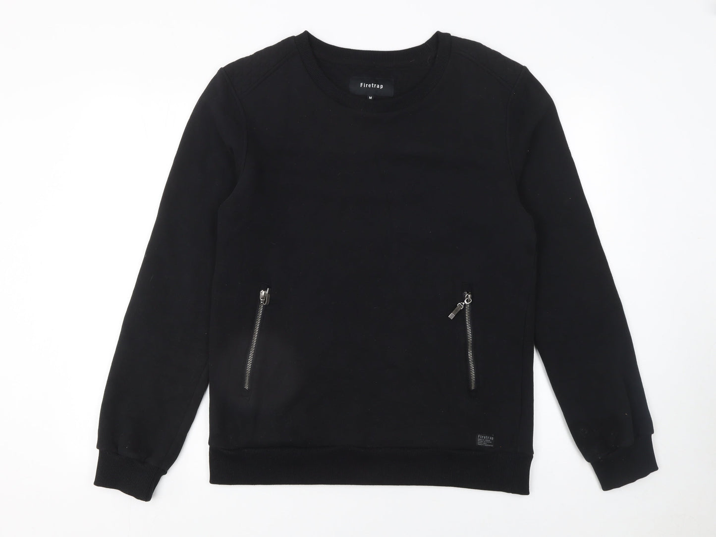 Firetrap Men's Black Sweatshirt M Pullover Crew Neck Zip Pockets