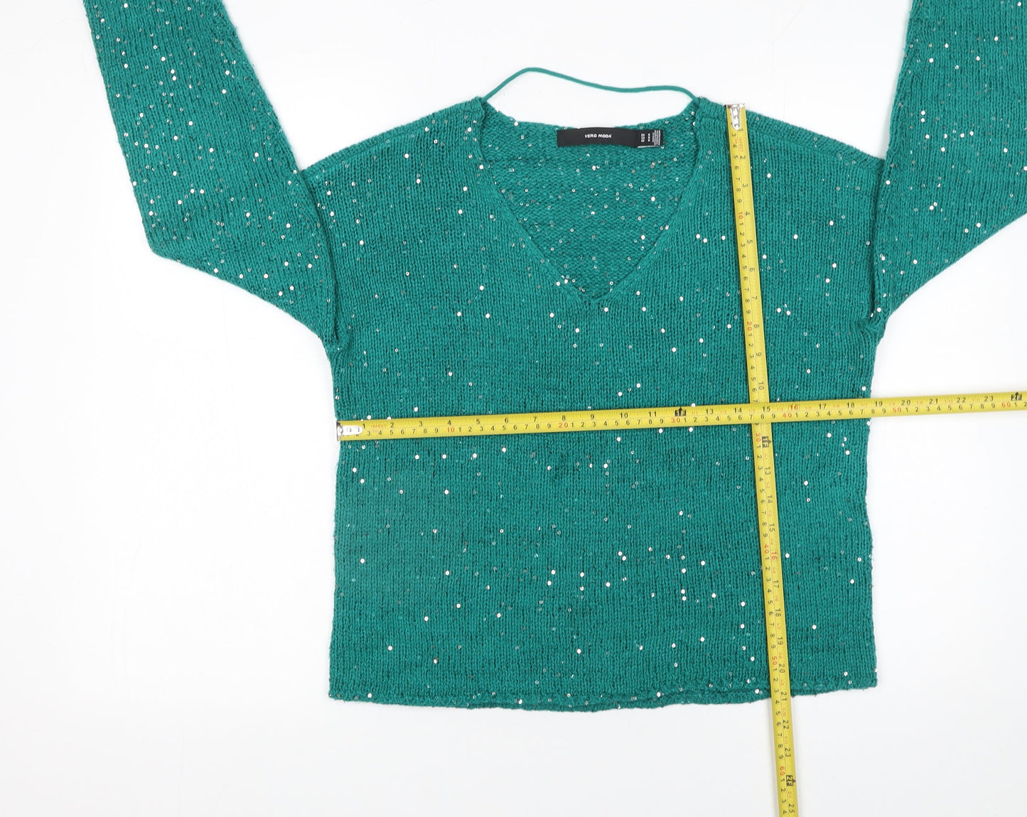 Vero Moda Women’s Green Sequin V-Neck Knit Jumper Size 12