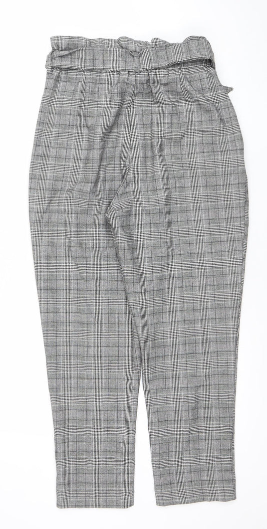 H&M Women Grey Checked Paperbag Trousers UK 10 Elastic Waist