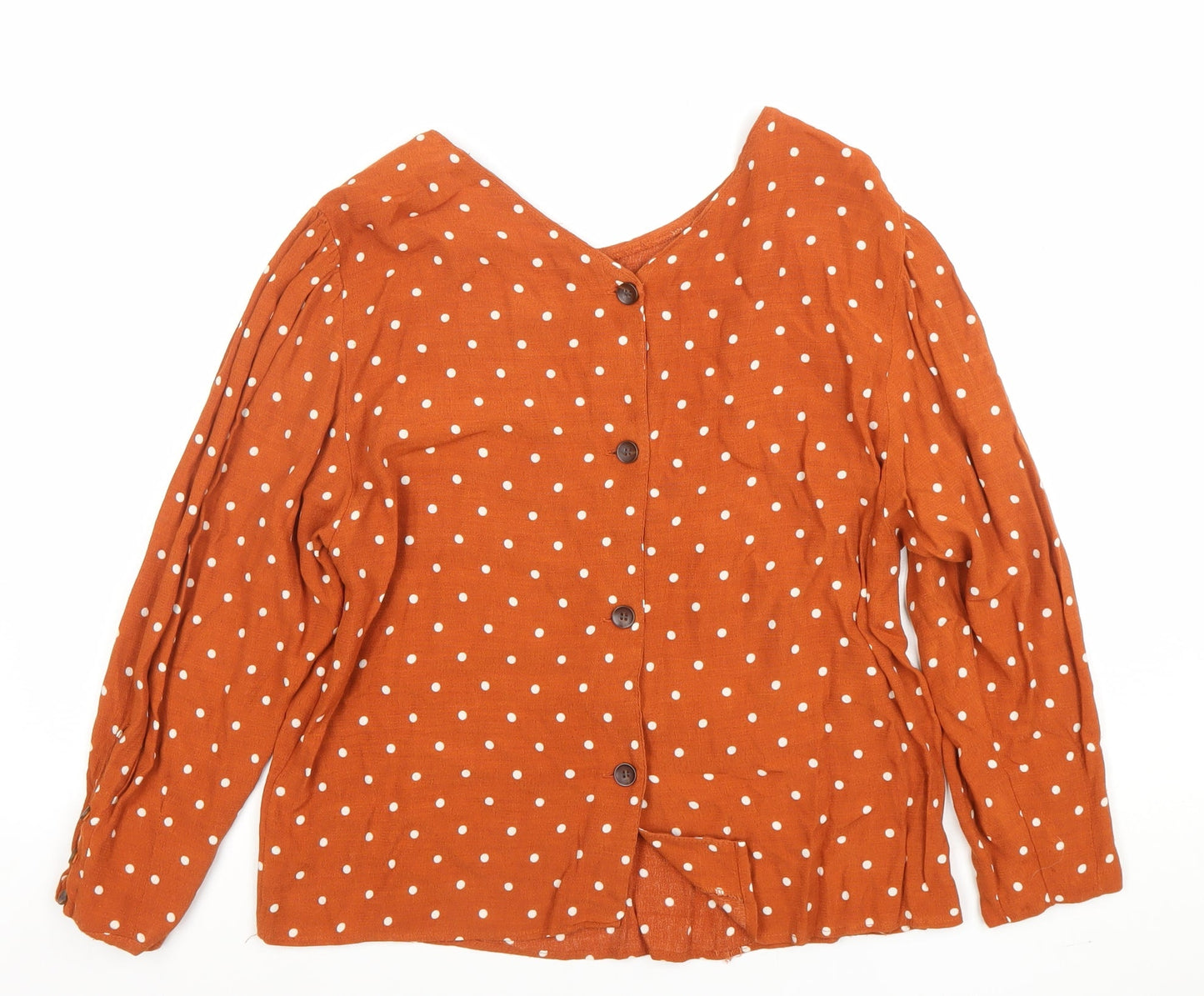 Bershka Women’s Orange Polka Dot Long Sleeve V-Neck Blouse Size 8