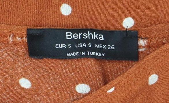 Bershka Women’s Orange Polka Dot Long Sleeve V-Neck Blouse Size 8