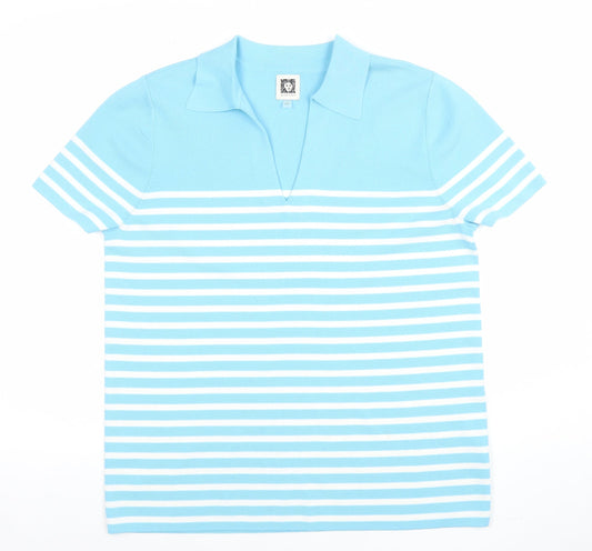 Anne Klein Women Blue Striped Collared Polo Knit Top Size L