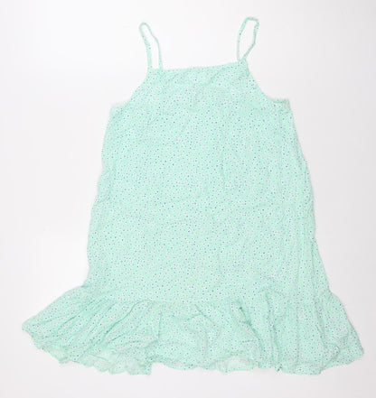 Additional front view of Dunnes girls’ green polka dot viscose trapeze dress 9-10 years
