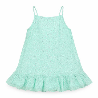 Front view of Dunnes girls’ green polka dot viscose trapeze dress 9-10 years