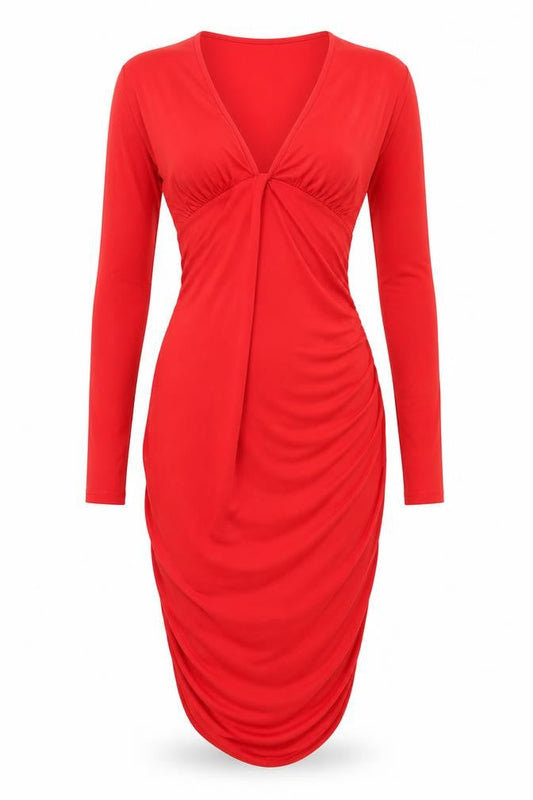 SHEIN Women’s Red Petite S Long Sleeve Bodycon Ruched Knee Dress