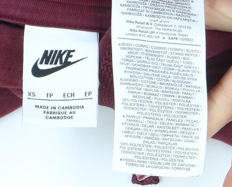 Nike Womens Burgundy Hoodie XS Pullover Colourblock Logo Cotton Blend