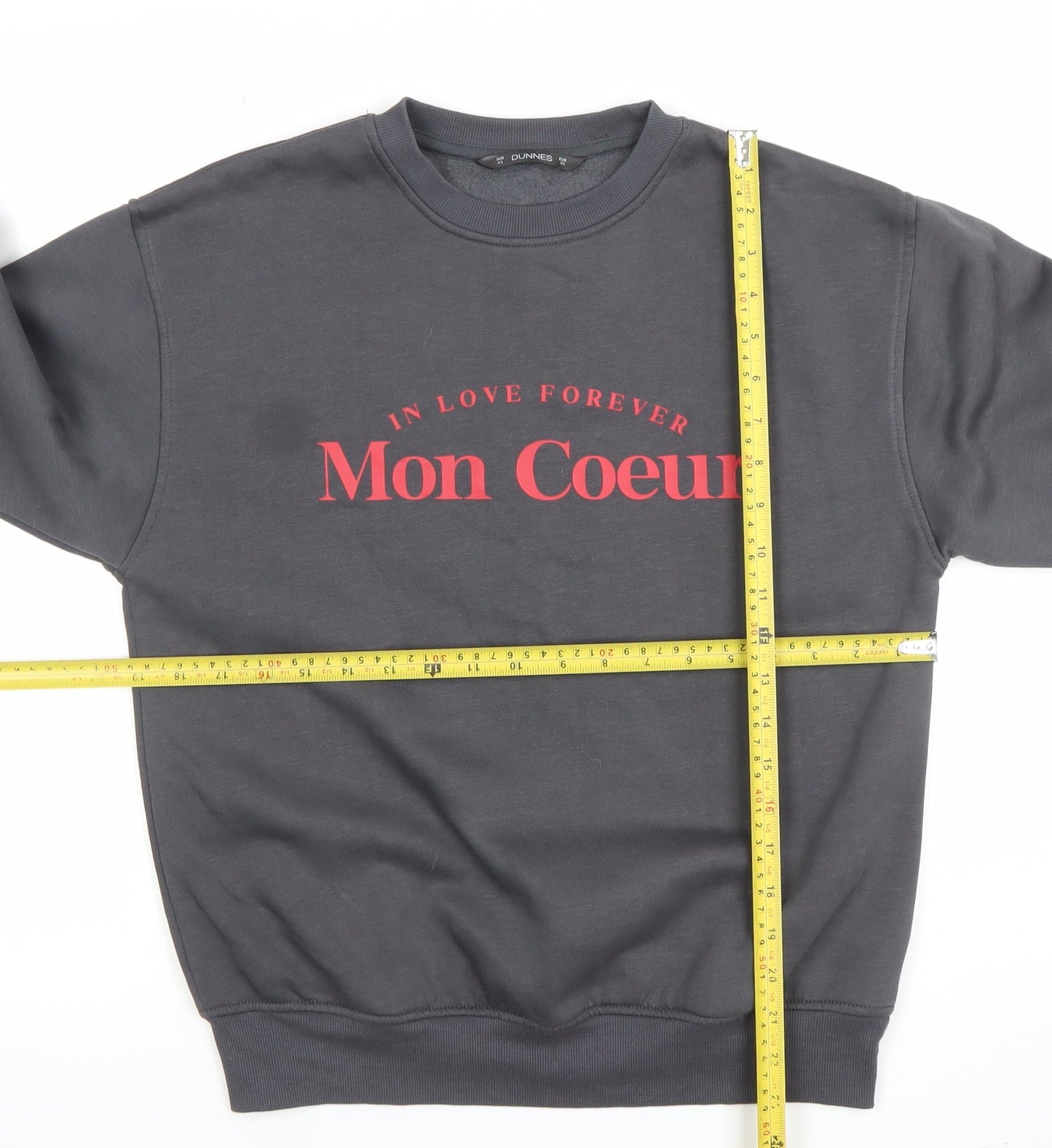Dunnes Women Grey XS Pullover Sweatshirt Crew Neck 'Mon Coeur' Graphic