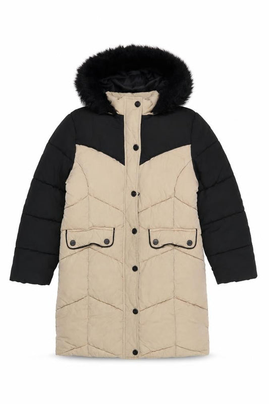 Front view of Lipsy girls’ beige black faux fur hooded long puffer coat 6 years