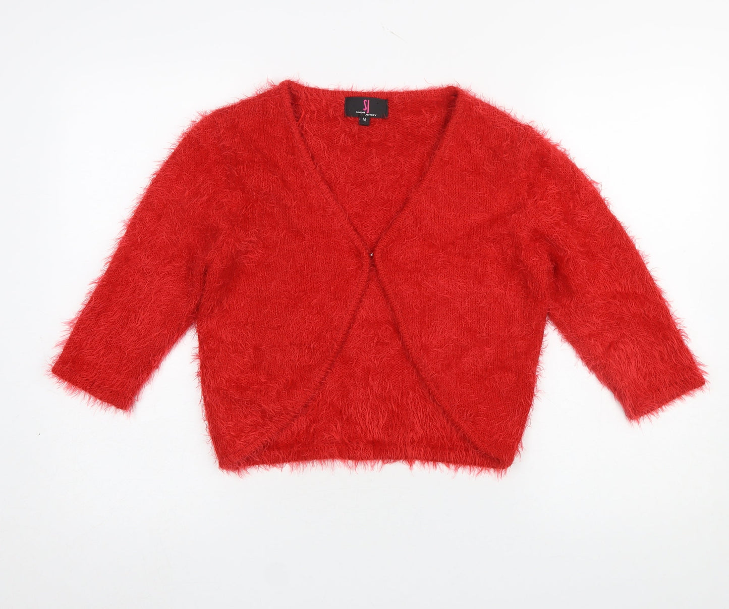 Simon Jeffrey Women's Red Fuzzy Knit 3/4 Sleeve V-Neck Cardigan M