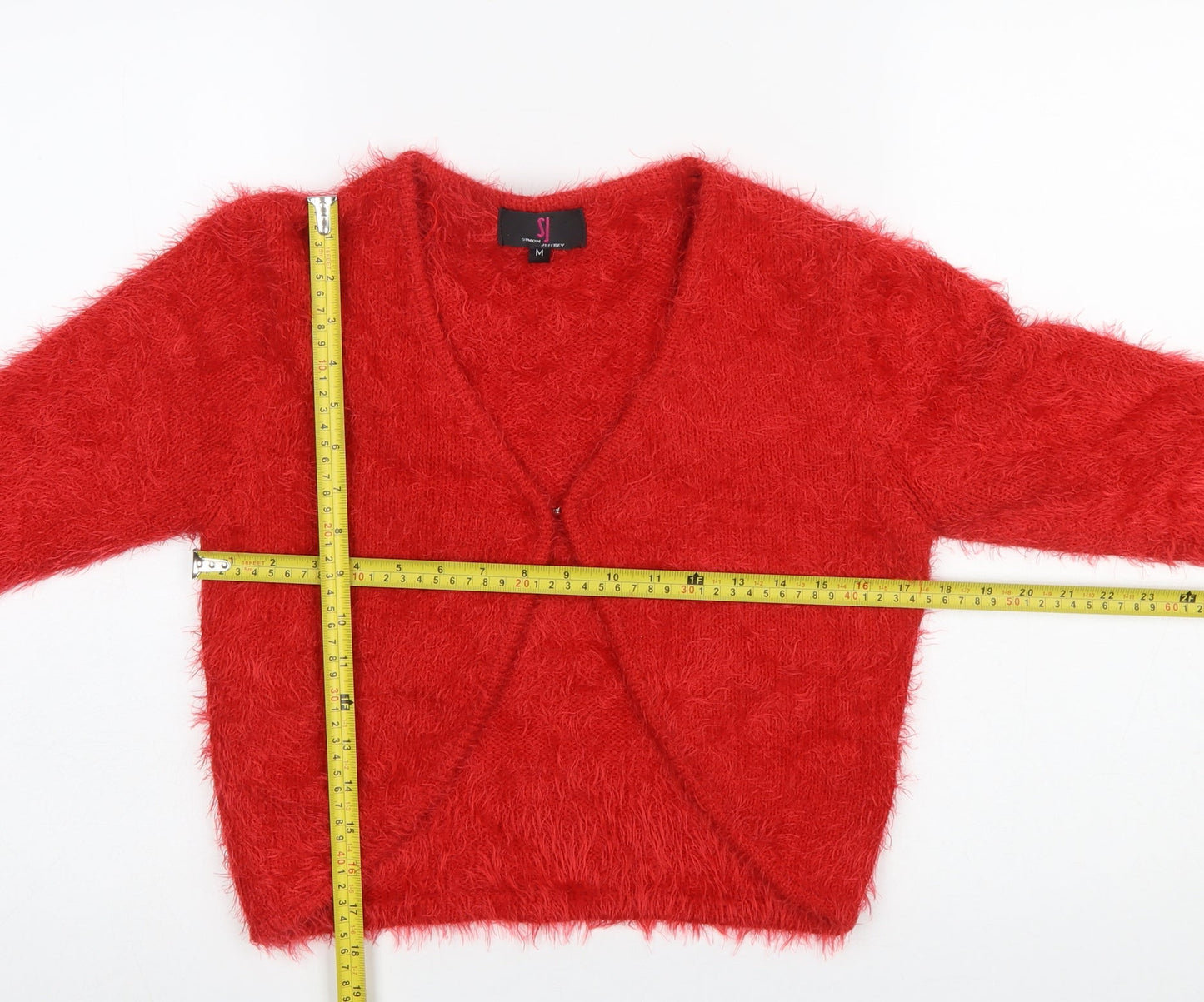 Simon Jeffrey Women's Red Fuzzy Knit 3/4 Sleeve V-Neck Cardigan M