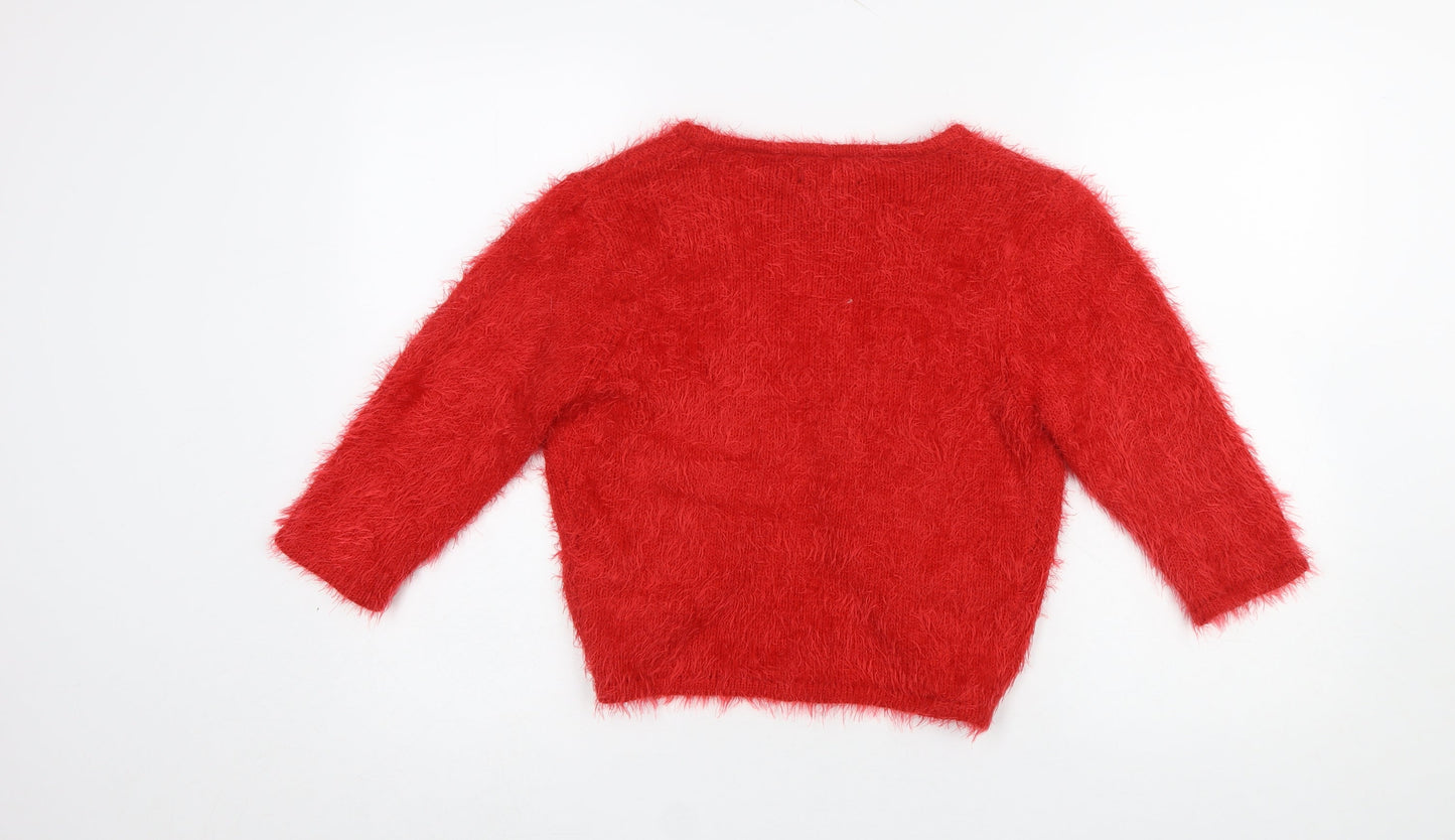 Simon Jeffrey Women's Red Fuzzy Knit 3/4 Sleeve V-Neck Cardigan M