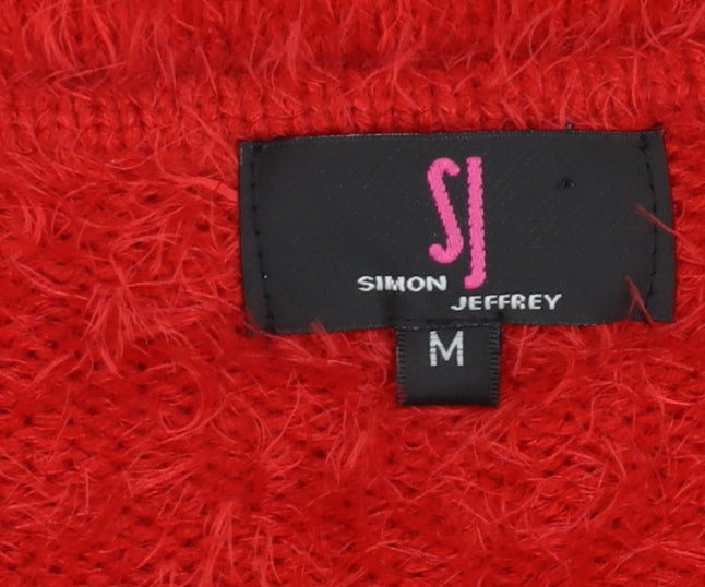 Simon Jeffrey Women's Red Fuzzy Knit 3/4 Sleeve V-Neck Cardigan M