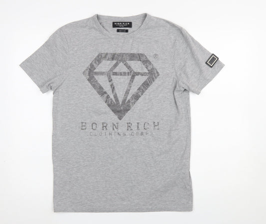 Born Rich Mens Grey Graphic Crew Neck Short Sleeve T-Shirt Size M