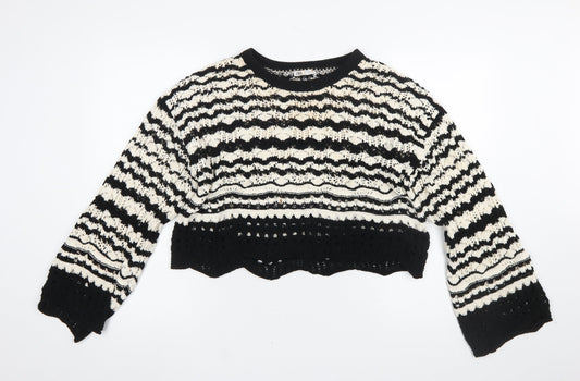 ZARA Womens Black White Striped Crochet Knit Jumper Size L