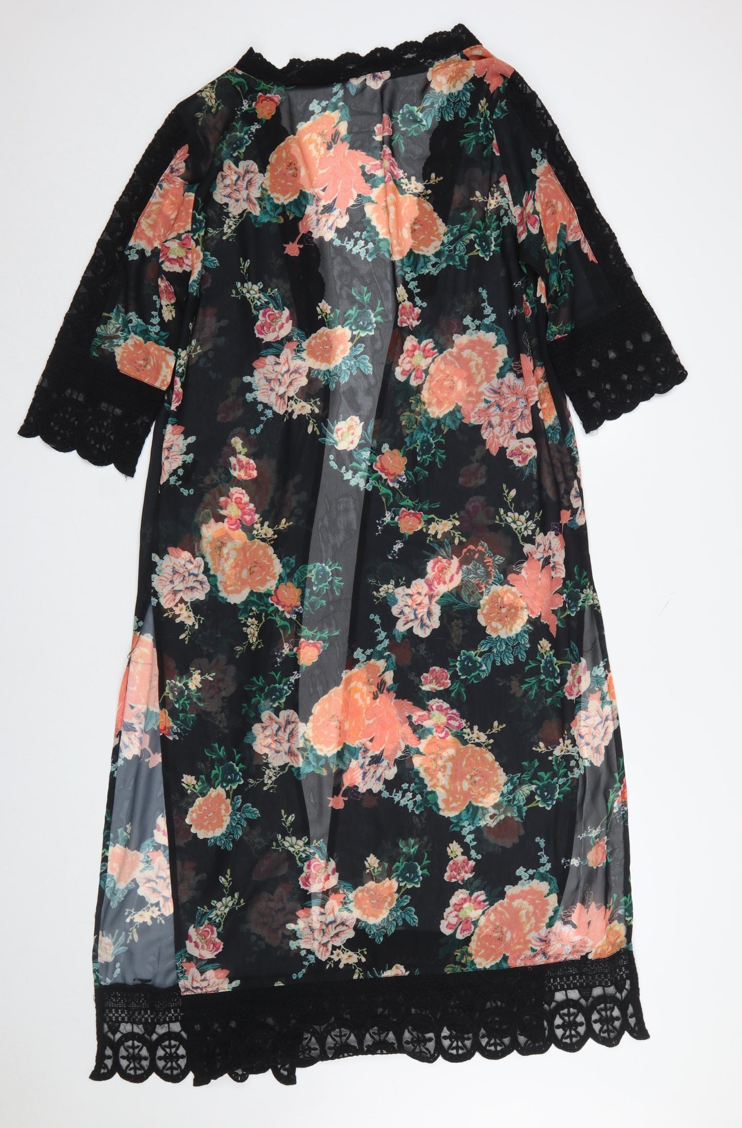 Diesel Women’s Black Floral Sheer Kimono Blouse M Lace Trim Summer Top