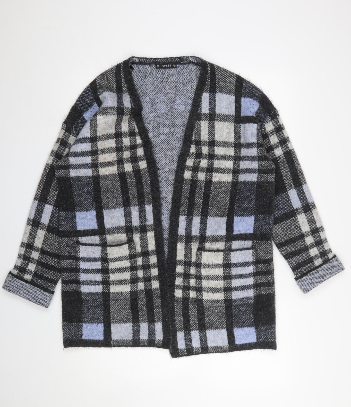 Dunnes Women Grey Check 3/4 Sleeve Open Knit Cardigan M