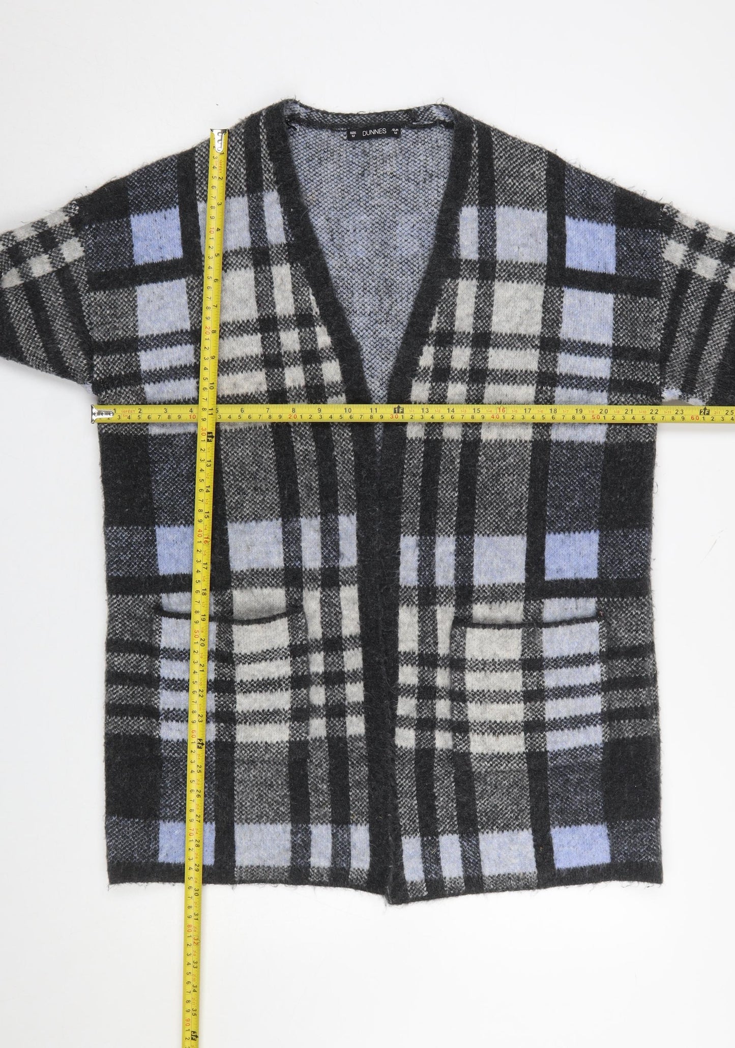 Dunnes Women Grey Check 3/4 Sleeve Open Knit Cardigan M