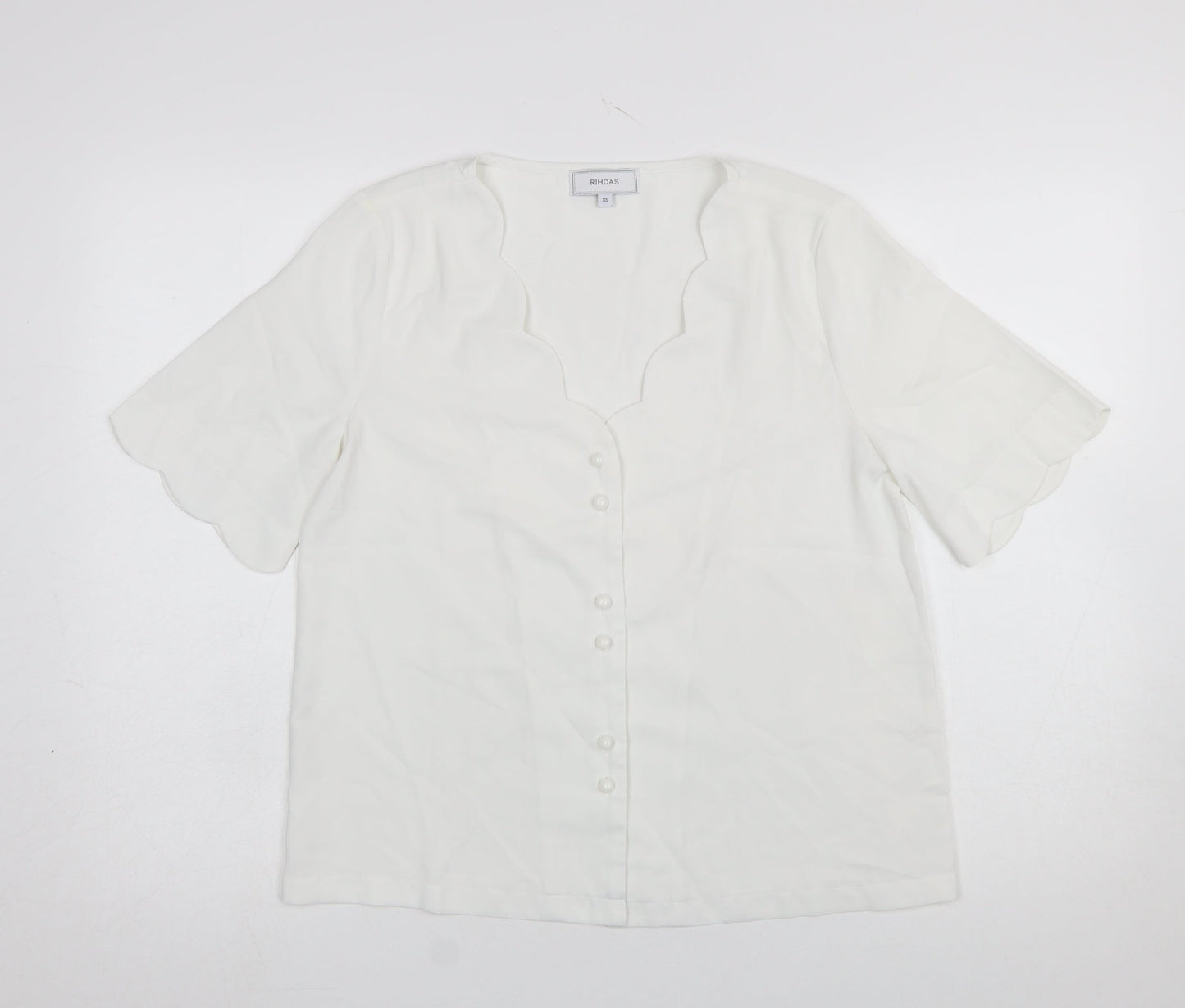 Rihoas Women Ivory V-Neck Button Blouse Short Sleeve XS