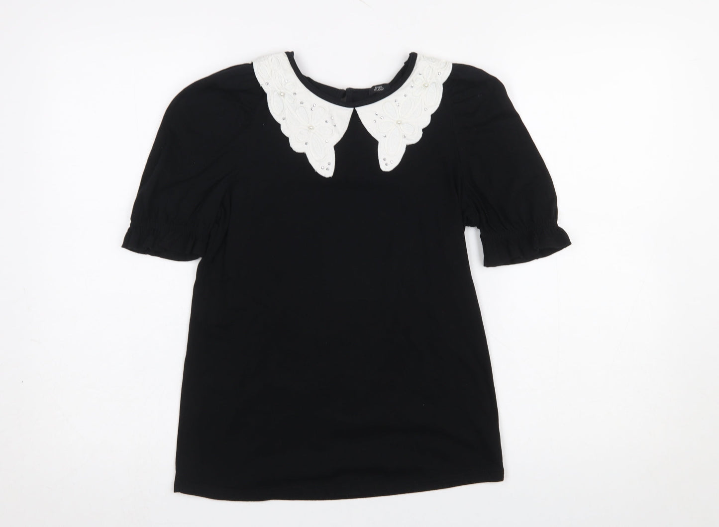 River Island Women's Black Short Sleeve Blouse UK 6 Embroidered Collar