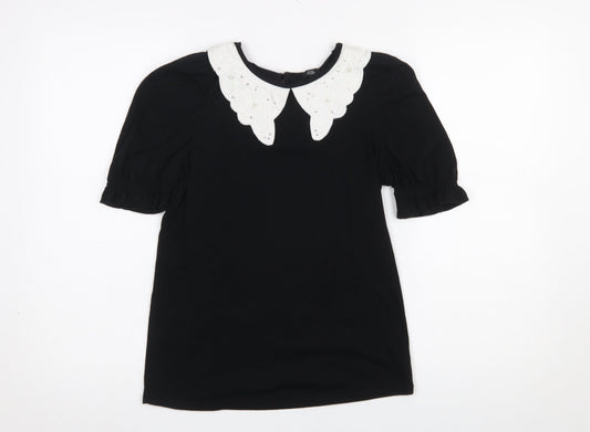 River Island Women's Black Short Sleeve Blouse UK 6 Embroidered Collar
