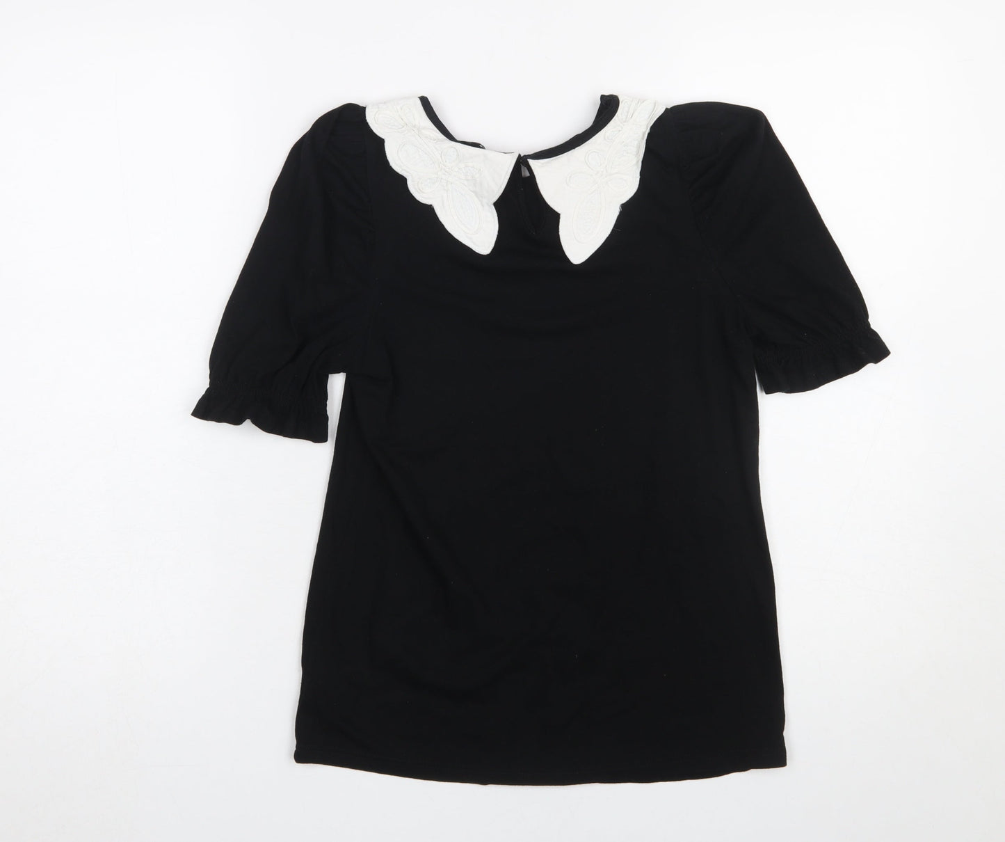River Island Women's Black Short Sleeve Blouse UK 6 Embroidered Collar