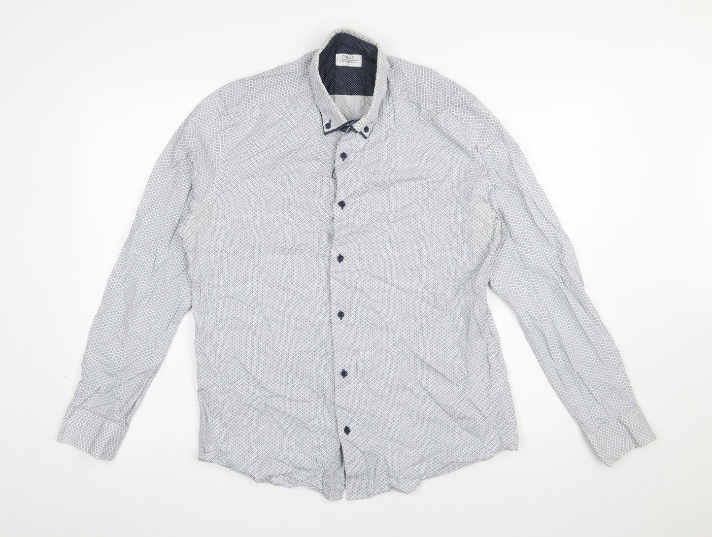 Next Men's Blue Patterned Button-Up Long Sleeve Cotton Shirt Medium