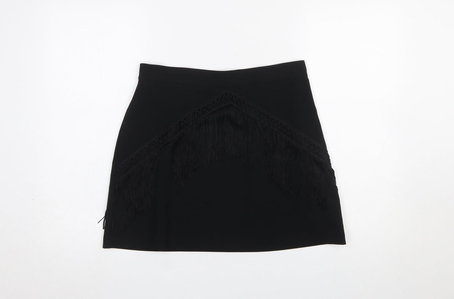 Zara Women Black Fringe Pencil Short Skirt L Formal Party