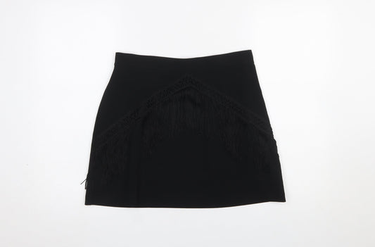 Zara Women Black Fringe Pencil Short Skirt L Formal Party