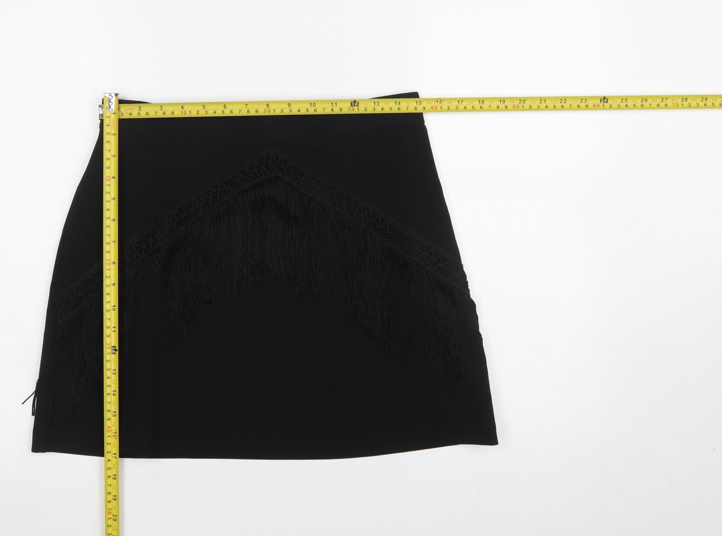 Zara Women Black Fringe Pencil Short Skirt L Formal Party