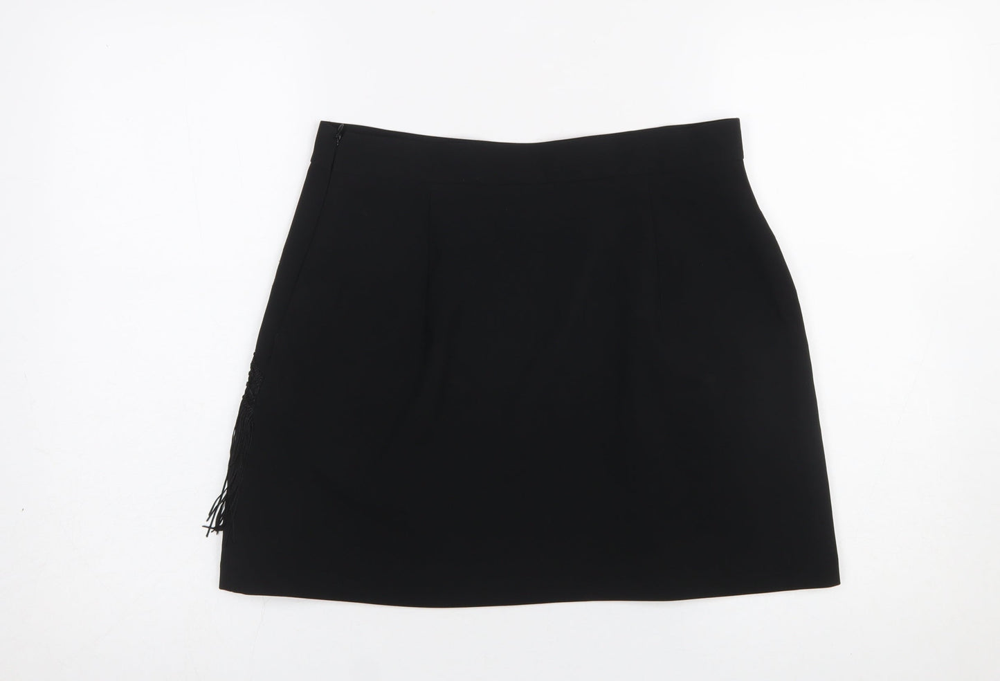 Zara Women Black Fringe Pencil Short Skirt L Formal Party