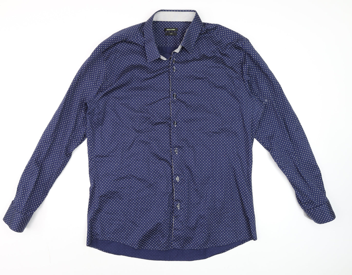 Remus Uomo Men's Blue Polka Dot Slim Fit Long Sleeve Cotton Dress Shirt M