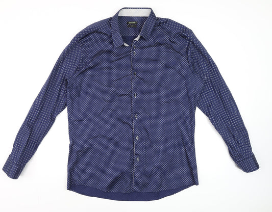 Remus Uomo Men's Blue Polka Dot Slim Fit Long Sleeve Cotton Dress Shirt M