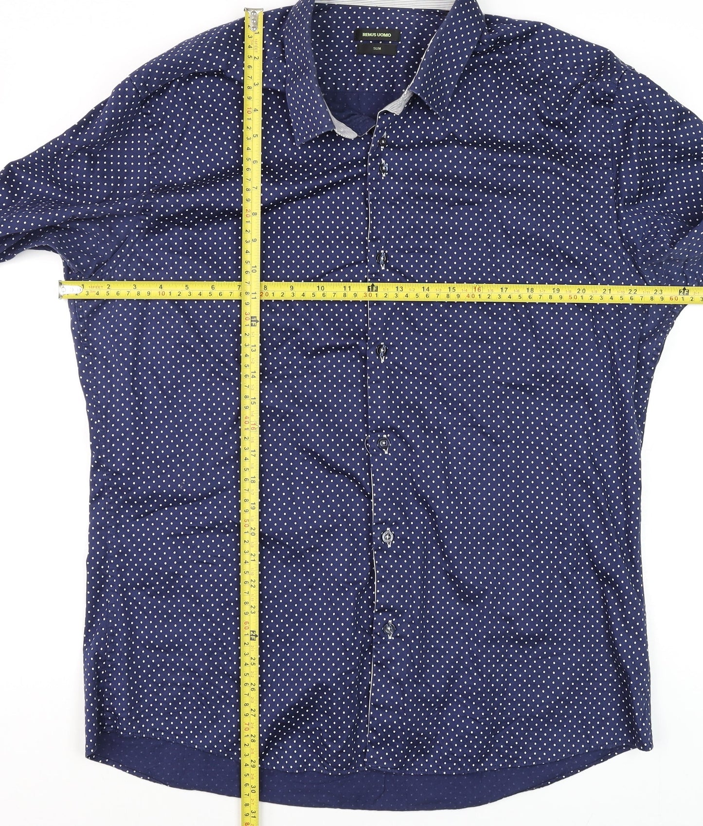 Remus Uomo Men's Blue Polka Dot Slim Fit Long Sleeve Cotton Dress Shirt M